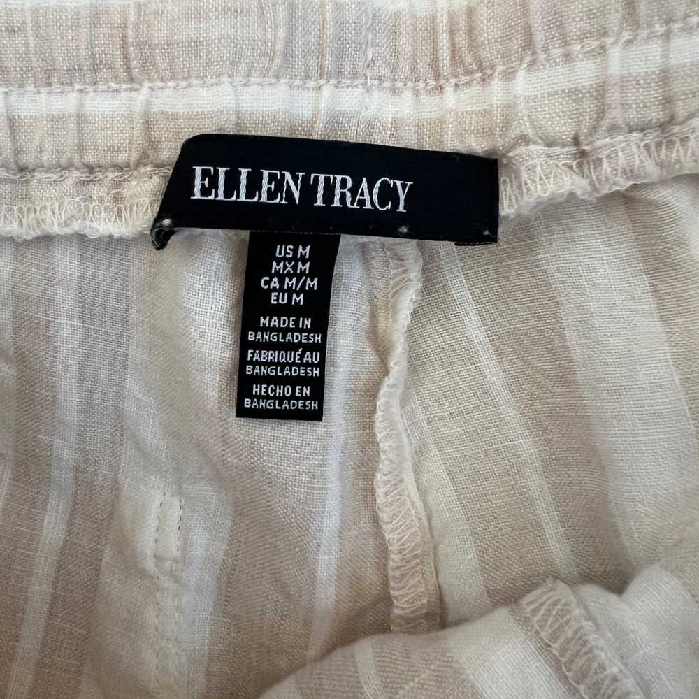 Ellen‎ Tracy Linen Pants Women Size M Tan White Striped Drawstring Straight Leg - Picture 8 of 10